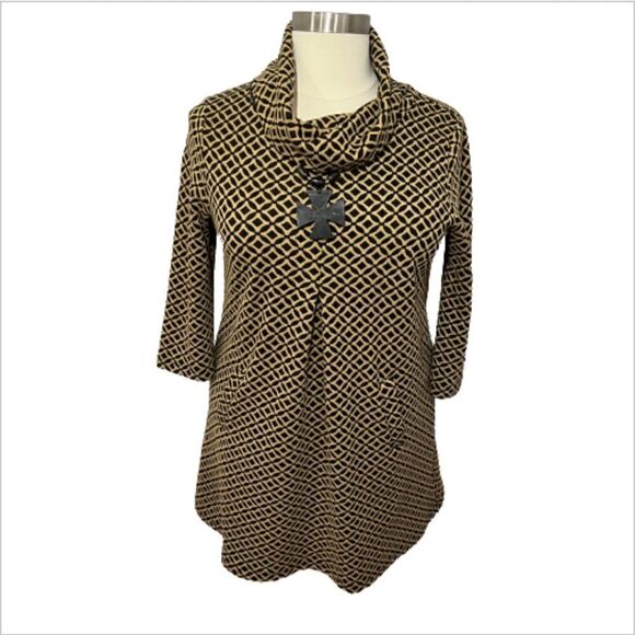 Tyler Boe Cowl Neck‎ Front Pocket Geometric Black/Gold Print Dress - L - Picture 2 of 11